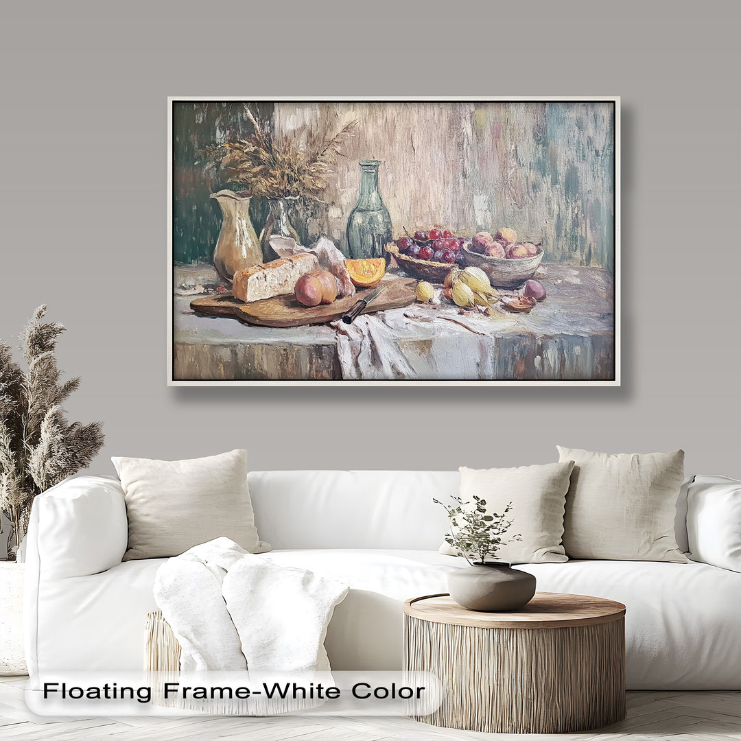 The serene composition captures the beauty of simple pleasures, with fruits and rustic kitchenware beautifully displayed in an earthy, warm setting.
