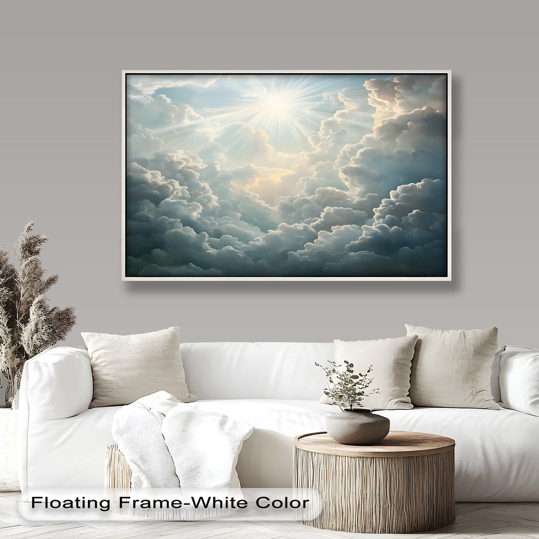A breathtaking celestial scene unfolds as radiant sunlight pierces through billowing clouds, casting a divine glow across the sky in this mesmerizing painting.