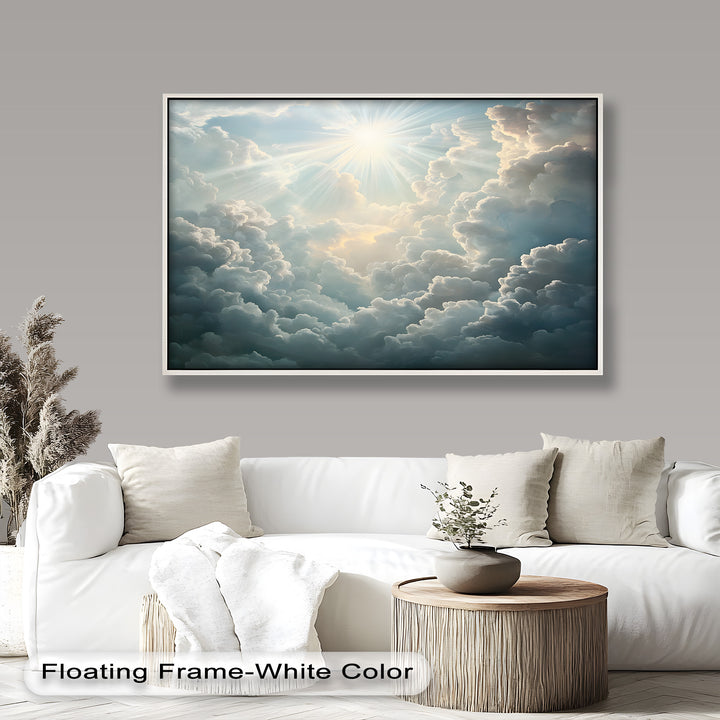 A breathtaking celestial scene unfolds as radiant sunlight pierces through billowing clouds, casting a divine glow across the sky in this mesmerizing painting.