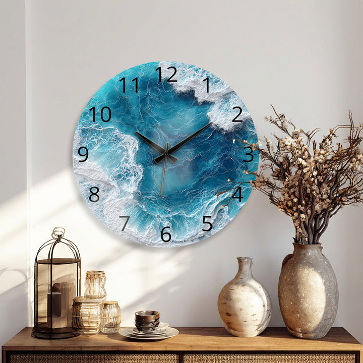 Ocean Waves Glass Wall Clock – Blue Coastal Beach House Decor