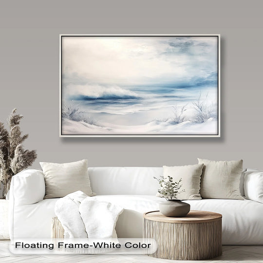 Framed by a white border, the snowy beach seascape boasts modern oil painting art, with a thin black edge accentuating the serene coastal wall art.