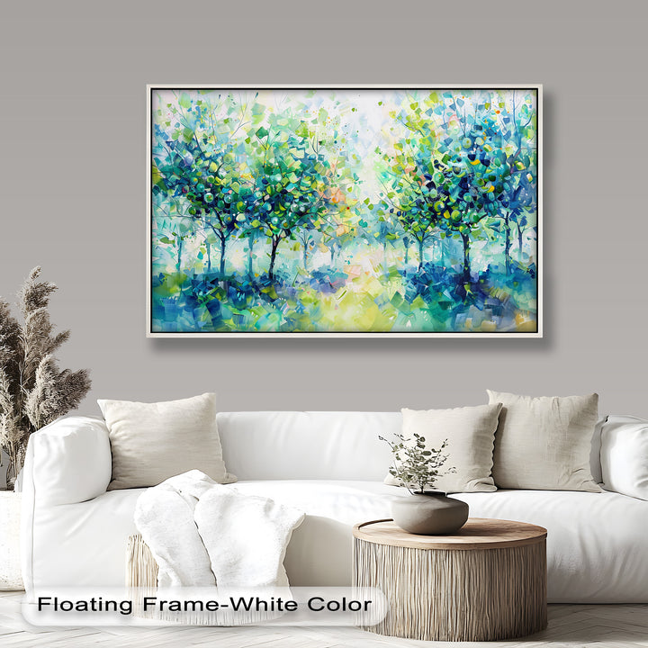 Blue & Green Forest Landscape – Abstract Nature Oil Painting