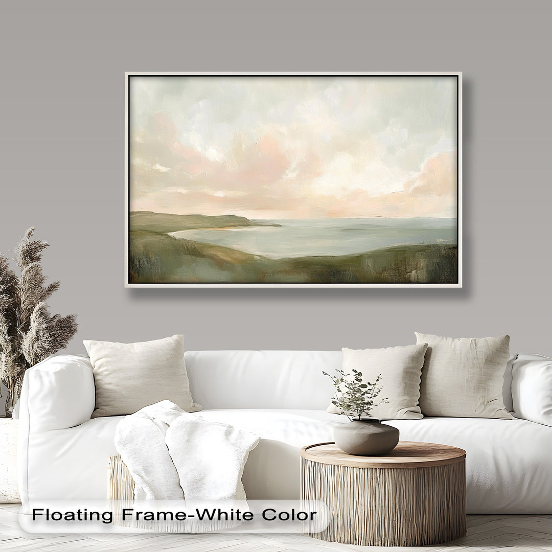 Soft coastal landscape painting with pastel sky and tranquil sea.
