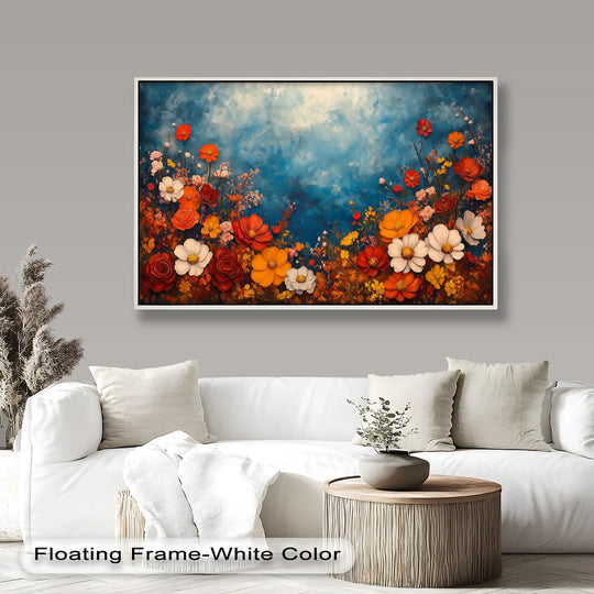 Highlighting the layering effect, this blooming horizon floral oil painting reproduction print showcases red, white, and orange blooms set against an azure background.
