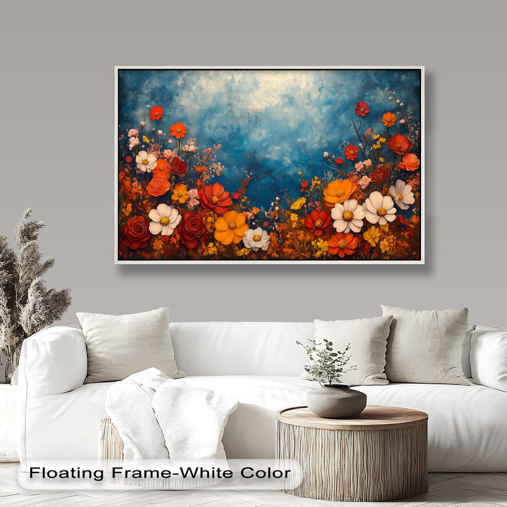 Vibrant garden bloom painting with bold red, orange, and white flowers.
