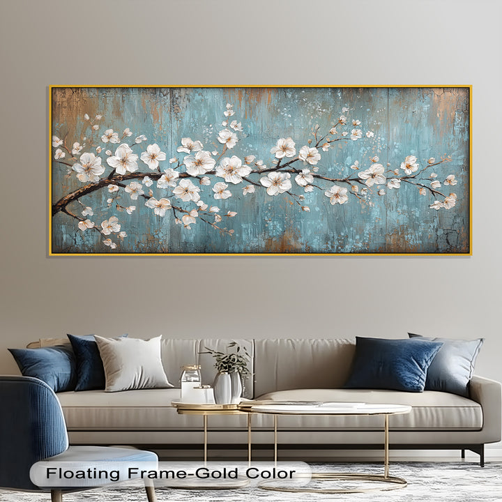 White Blossoms on Blue Textured Branch - Flower Oil Painting