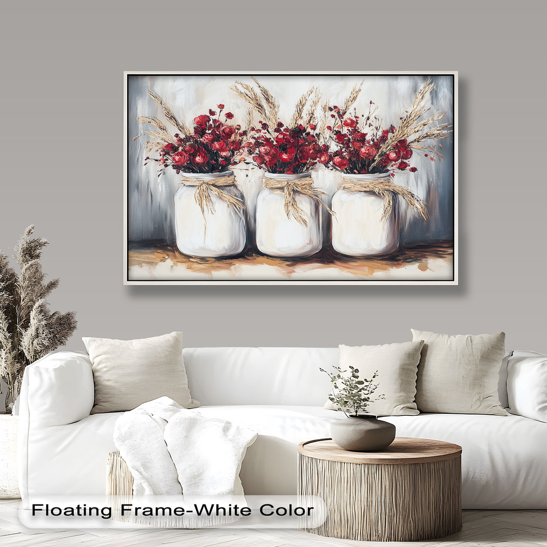 Rustic floral painting with red roses in white mason jars and wheat accents.
