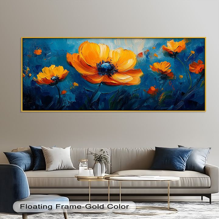 Orange Flowers on Deep Blue - Flower Oil Painting