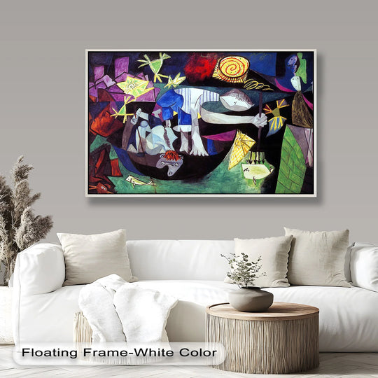 The focal point is a surrealist composition in this symbolic Picasso oil painting art piece, showcasing distorted figures and vibrant spirals against a dark background.