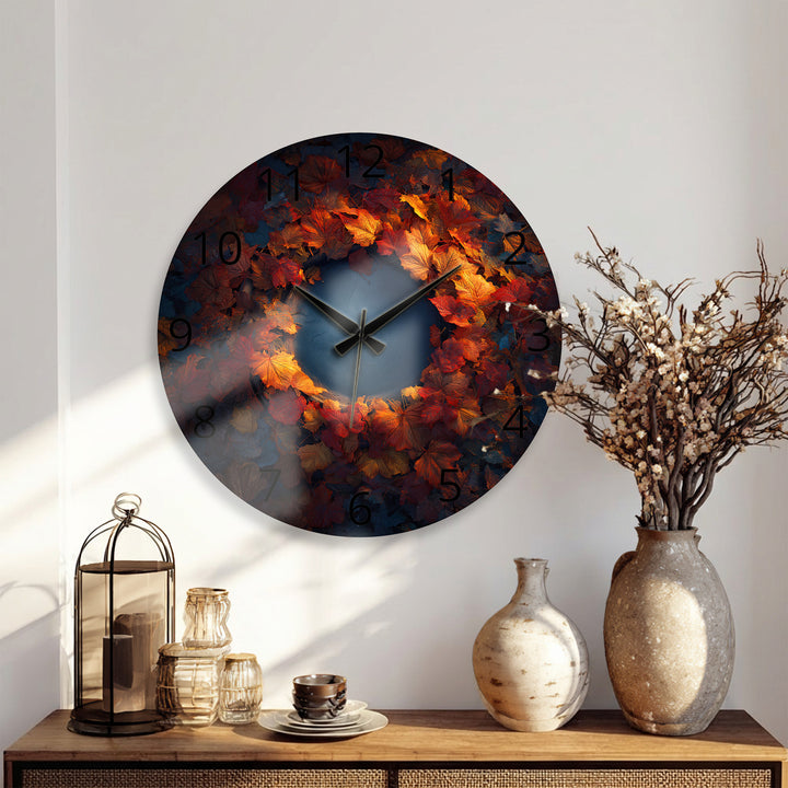 Glas-Wanduhr mit Herbstblättern – rustikales Herbstkranz-Dekor