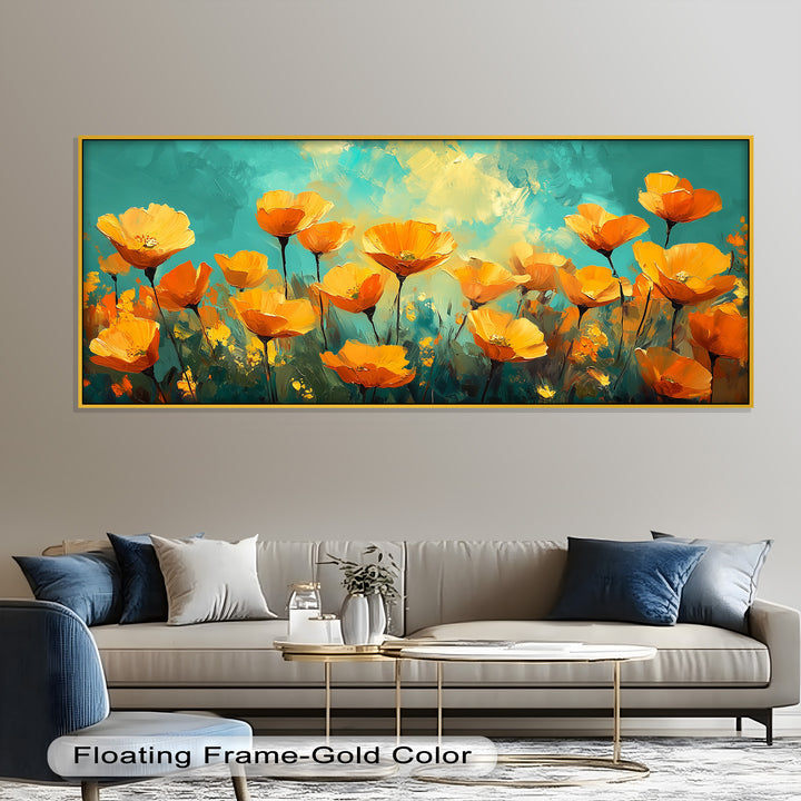 Goldene Mohnblumenfeld Wandkunst – Blumenölgemälde