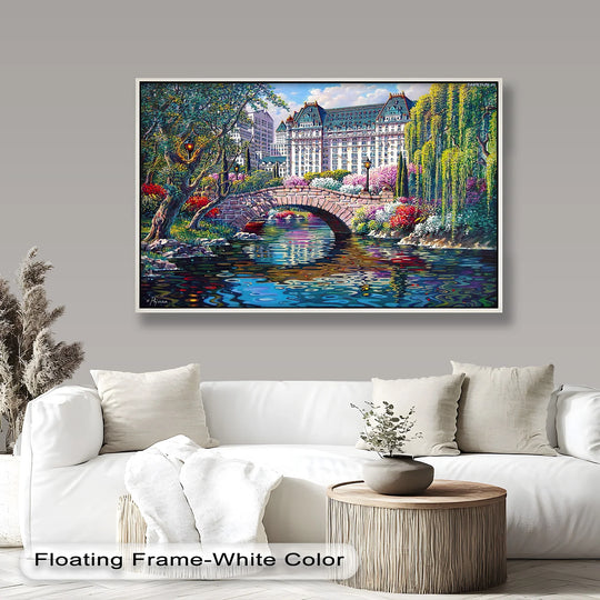 The realistic detail highlights the vibrancy and reflections in this springtime cityscape oil painting art piece, capturing the beauty of New York's Central Park.