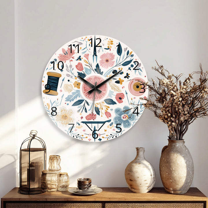 Floral Sewing Glass Wall Clock – Craft Room Decor
