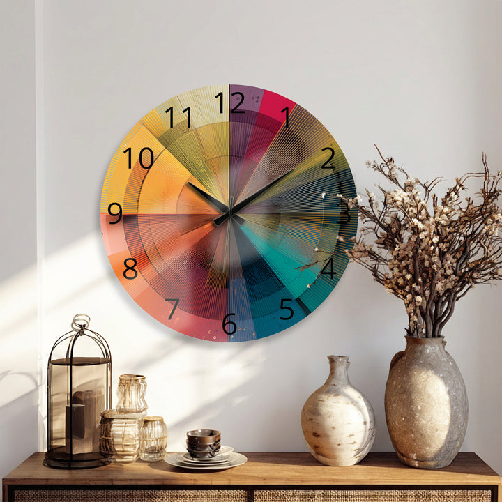 Colorful Geometric Glass Wall Clock – Retro Radial Art