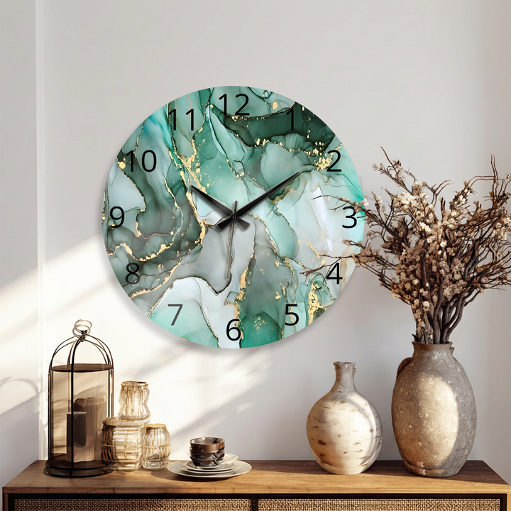 Emerald Green Marble Glass Wall Clock – Gold Accent Decor