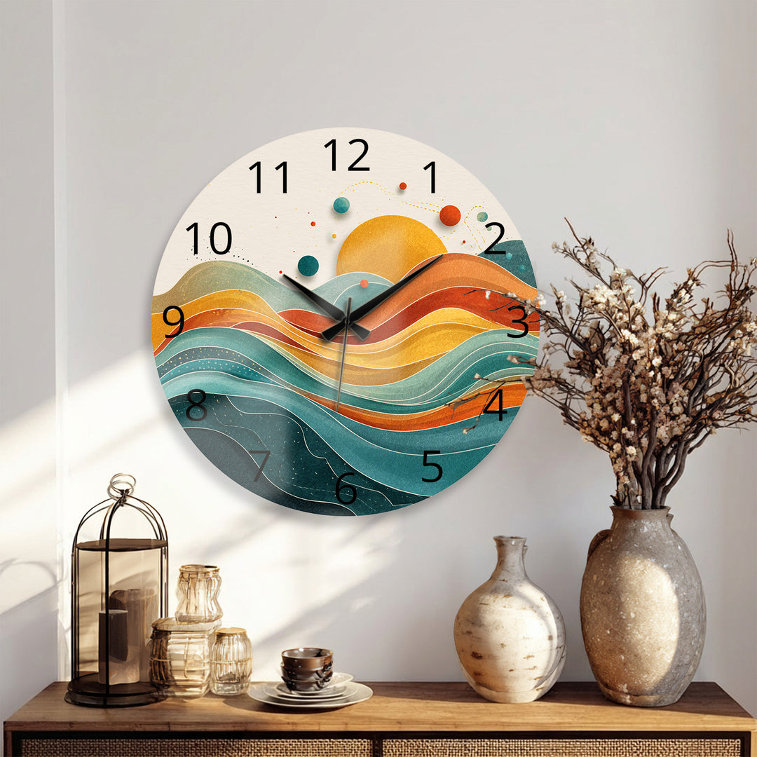 Retro Sunset Glass Wall Clock – Abstract Boho Wave Art