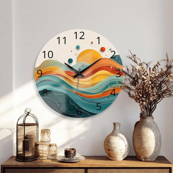 Retro Sunset Glass Wall Clock – Abstract Boho Wave Art