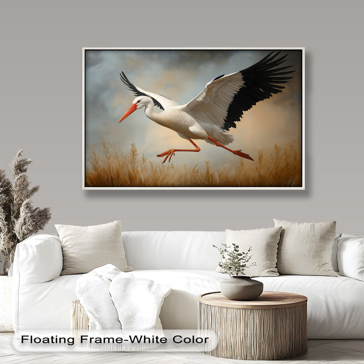 Stork in Flight over Golden Grasses – Animal Oil Painting