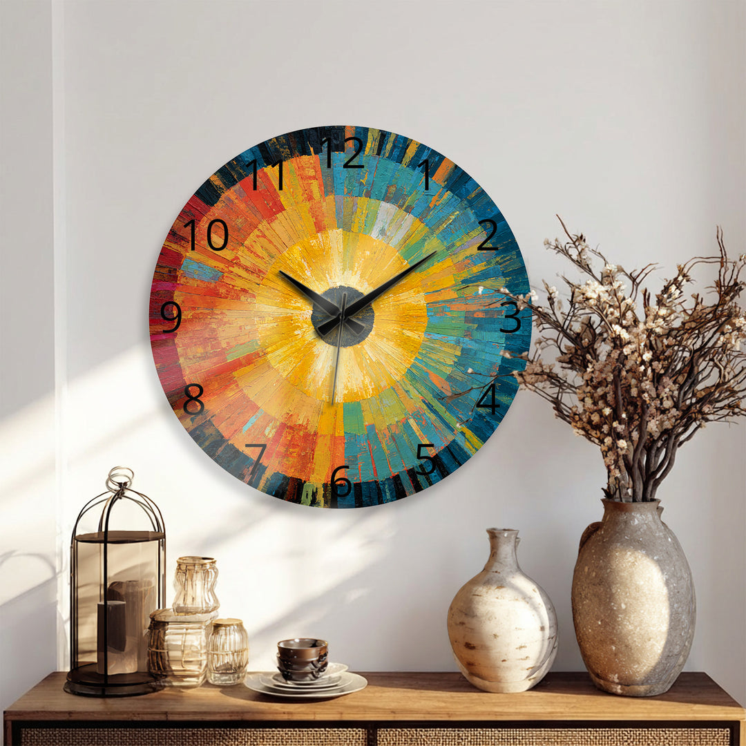 Abstract Sunburst Glass Wall Clock – Colorful Modern Art
