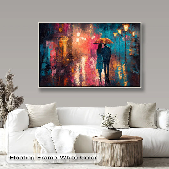 The visual rhythm of repeated streetlights and reflected colors creates a mesmerizing, romantic flow in this vibrant oil painting art piece, showing lovers under city lights.