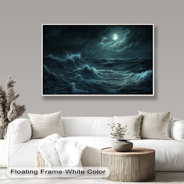 The contrast between the crashing waves and the moon’s soft light creates a captivating composition filled with movement and tension.