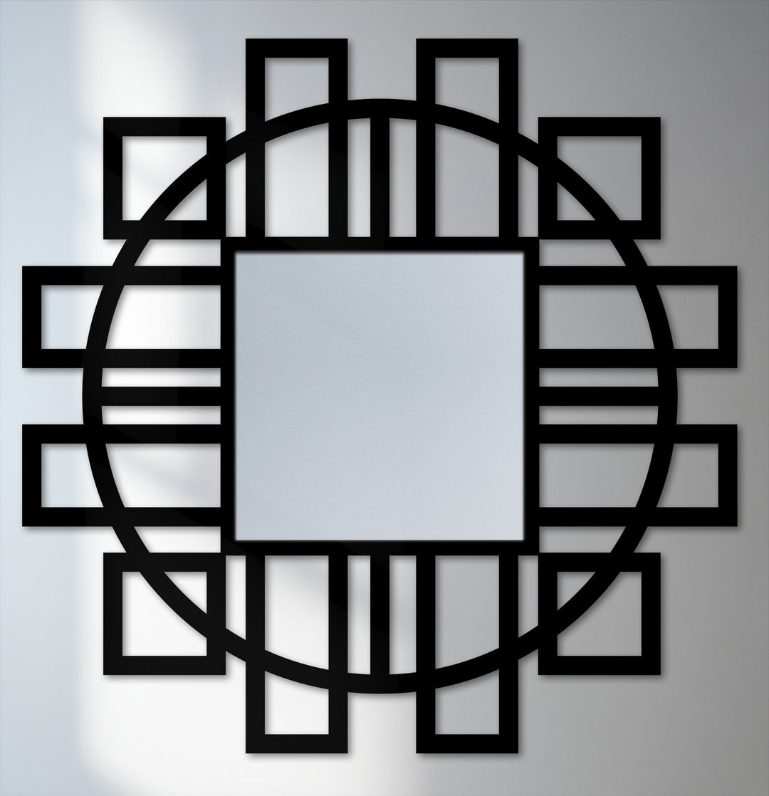 The darkest area reveals the bold lines of the decorative metal art in this geometric fusion square floor mirror with its striking circular frame accent.