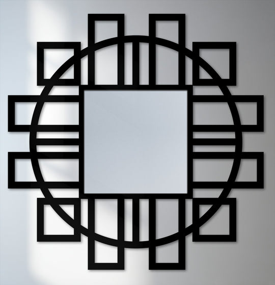 The darkest area reveals the bold lines of the decorative metal art in this geometric fusion square floor mirror with its striking circular frame accent.