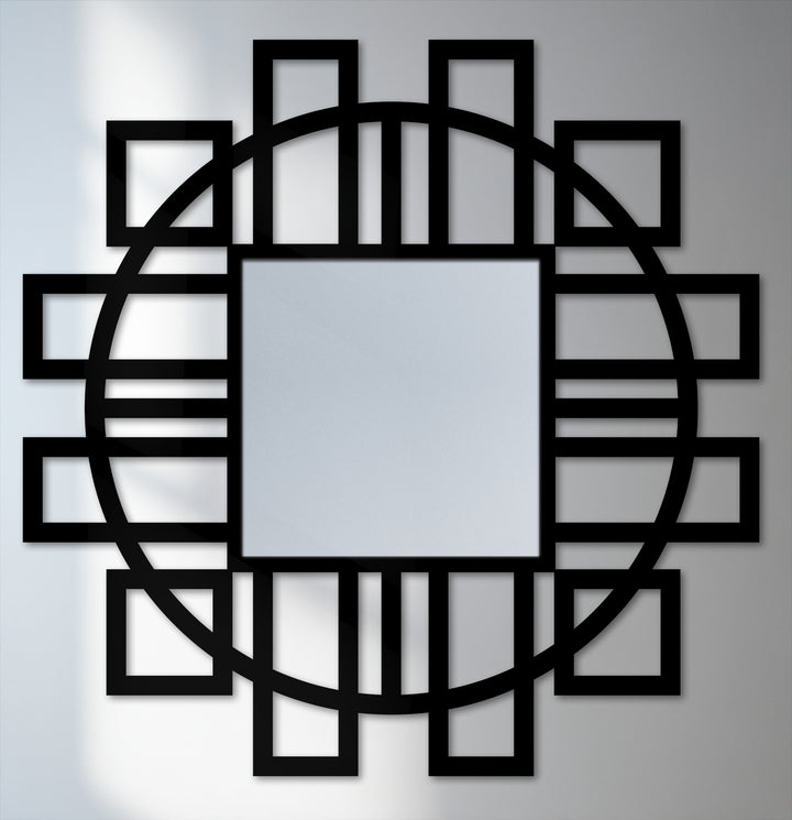 The darkest area reveals the bold lines of the decorative metal art in this geometric fusion square floor mirror with its striking circular frame accent.