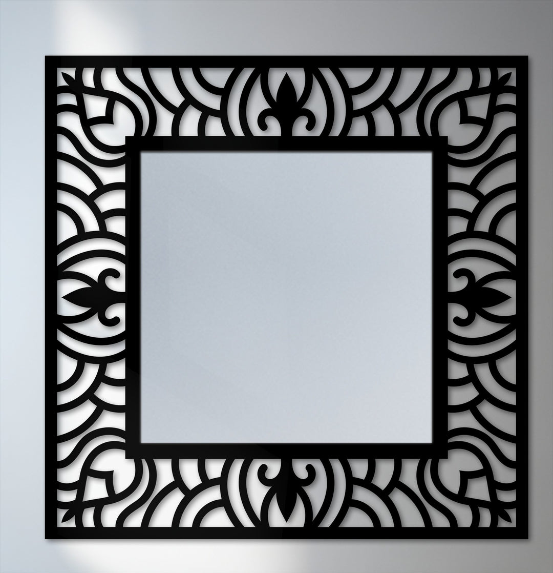 The mirror's metal edge showcases an ornate wave pattern, adding decorative flair with a modern touch when decorating with wall mirrors.