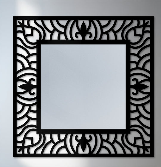 The mirror's metal edge showcases an ornate wave pattern, adding decorative flair with a modern touch when decorating with wall mirrors.
