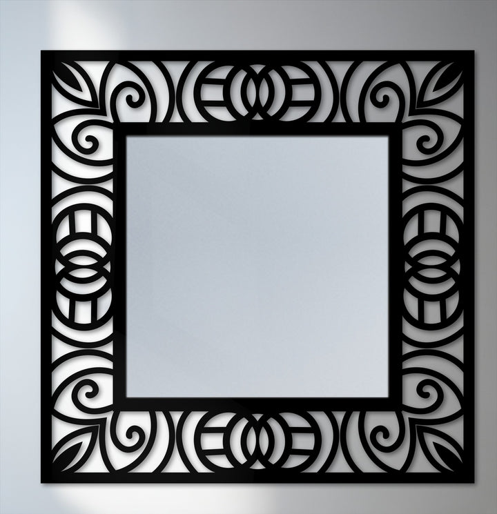 Contrasting surface texture highlights the ornate, cut-out details in this decorative floor mirror's ornamental scroll frame, offering a visually striking example of modern wall mirrors.