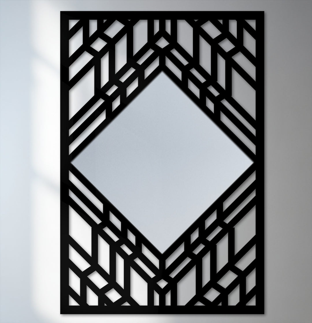 Cool color temperature highlights the reflective surface of this geometric art deco diamond floor mirror with a layered line frame, enhancing its contemporary style as decoration wall art.