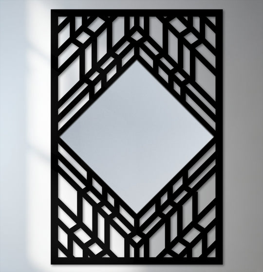 Cool color temperature highlights the reflective surface of this geometric art deco diamond floor mirror with a layered line frame, enhancing its contemporary style as decoration wall art.