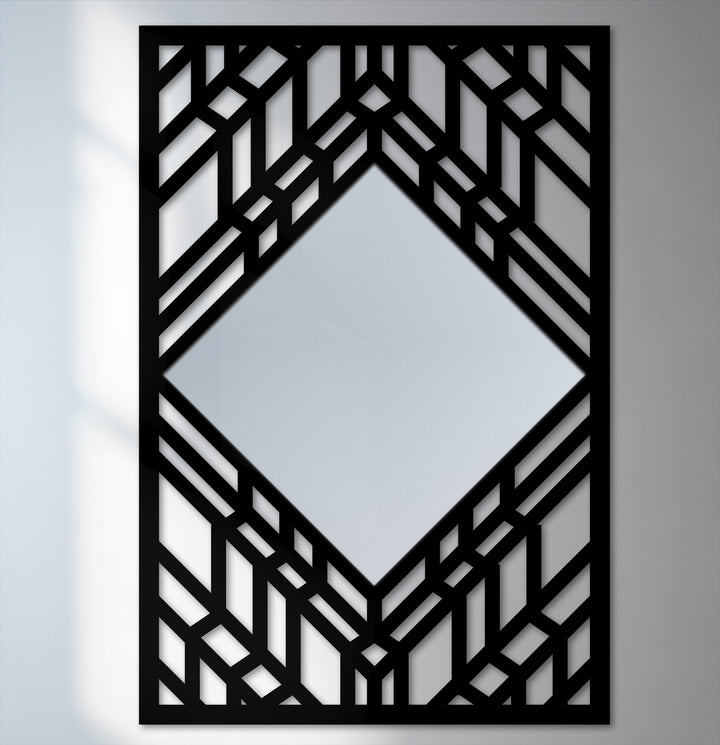 Cool color temperature highlights the reflective surface of this geometric art deco diamond floor mirror with a layered line frame, enhancing its contemporary style as decoration wall art.