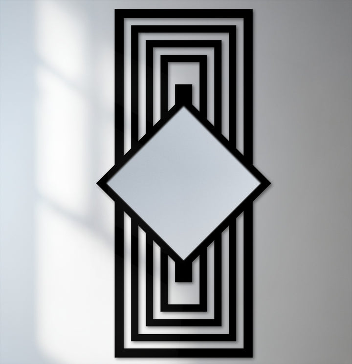 At the focal point, this art deco floor mirror for wall decor features a vertical diamond design with a black layered geometric frame.