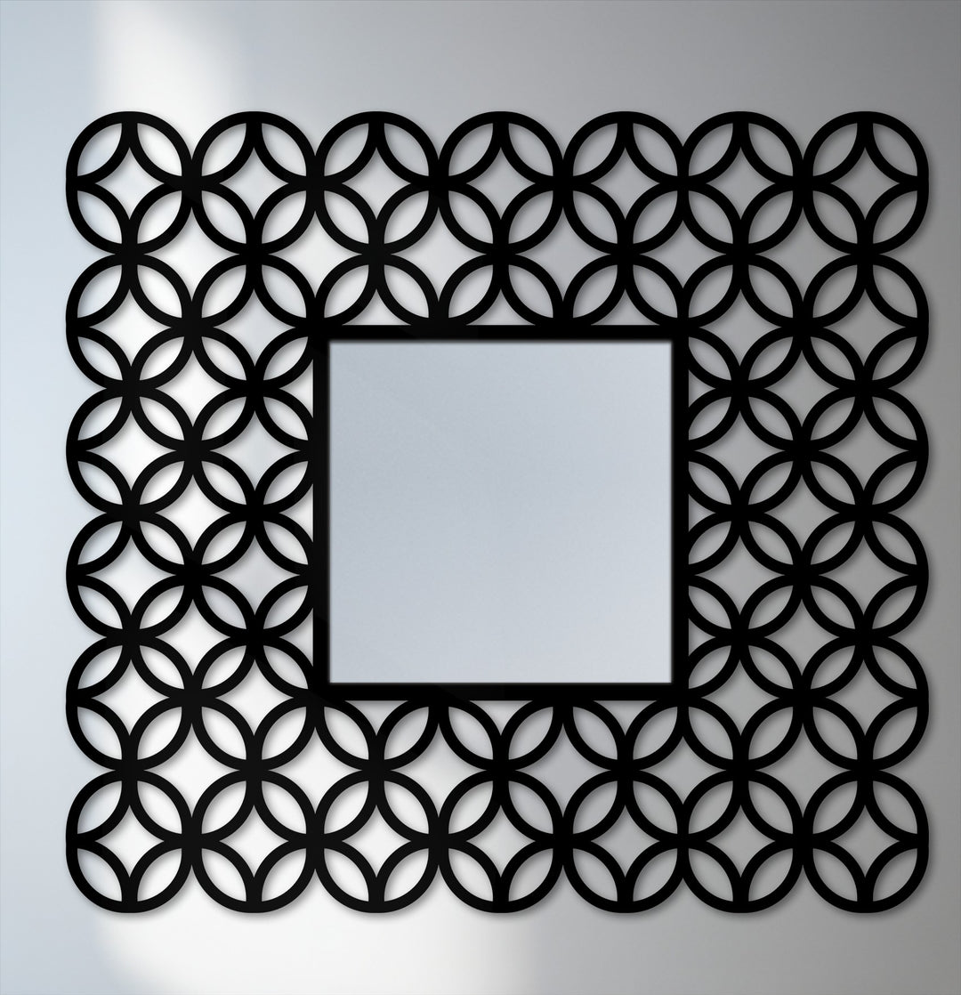 Geometric interlocking circles create an eye-catching, openwork frame around this square modern mirror, offering a captivating touch of decoration wall art.
