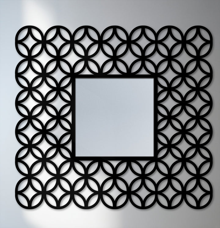Geometric interlocking circles create an eye-catching, openwork frame around this square modern mirror, offering a captivating touch of decoration wall art.
