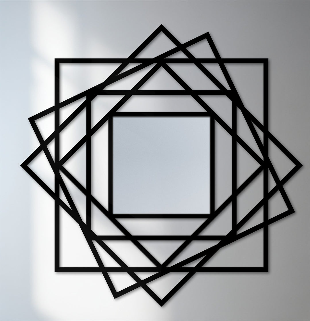 The abstract metal wall decor presents captivating depth and layers through geometric framing and an inset mirror within a square formation.