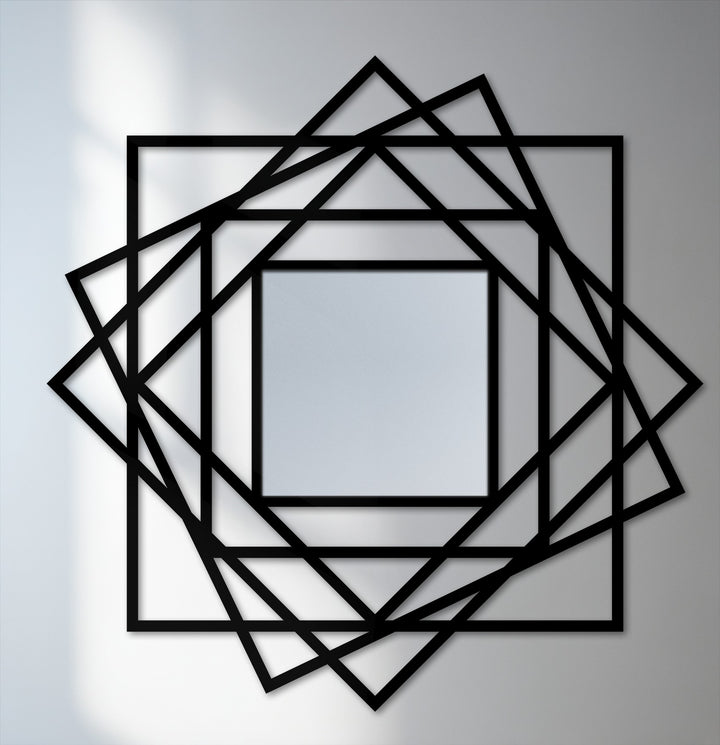 The abstract metal wall decor presents captivating depth and layers through geometric framing and an inset mirror within a square formation.