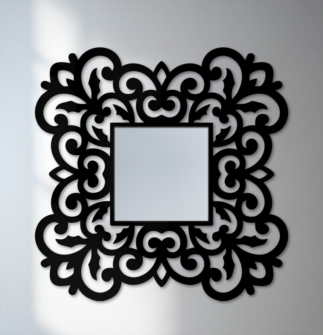 The ornate edge and borders of this square floor mirror feature unique metal wall art with a floral scroll frame, perfect for decorating with wall mirrors and adding a sophisticated touch.
