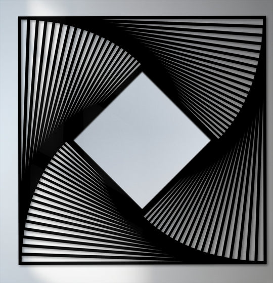 Soft light reflects across the mirrored diamond center of this radial line art framed wall mirror with a geometric, decorative metal art design.