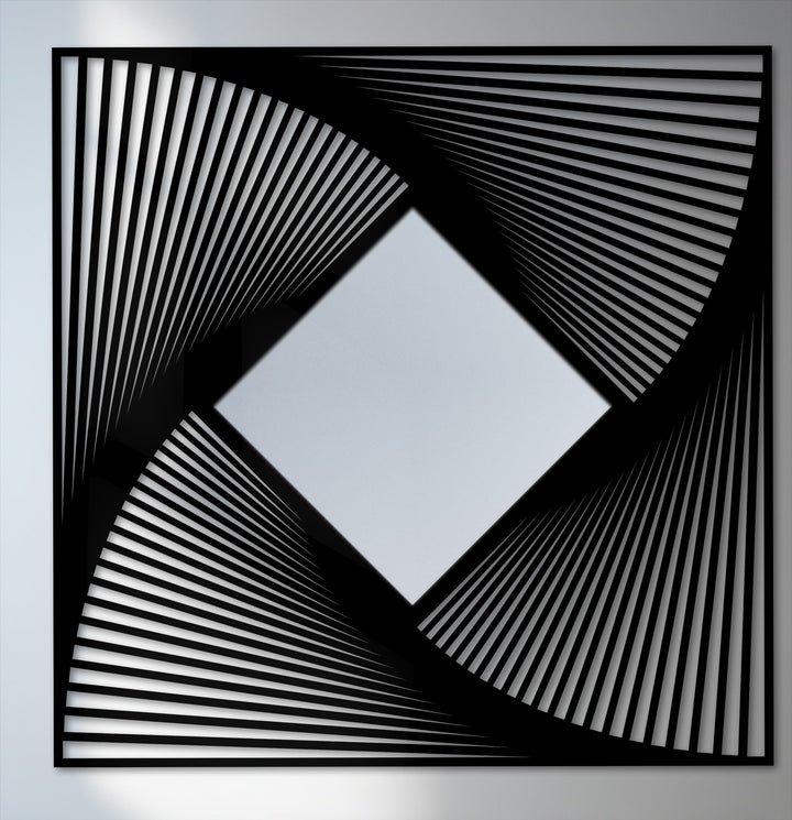 Soft light reflects across the mirrored diamond center of this radial line art framed wall mirror with a geometric, decorative metal art design.