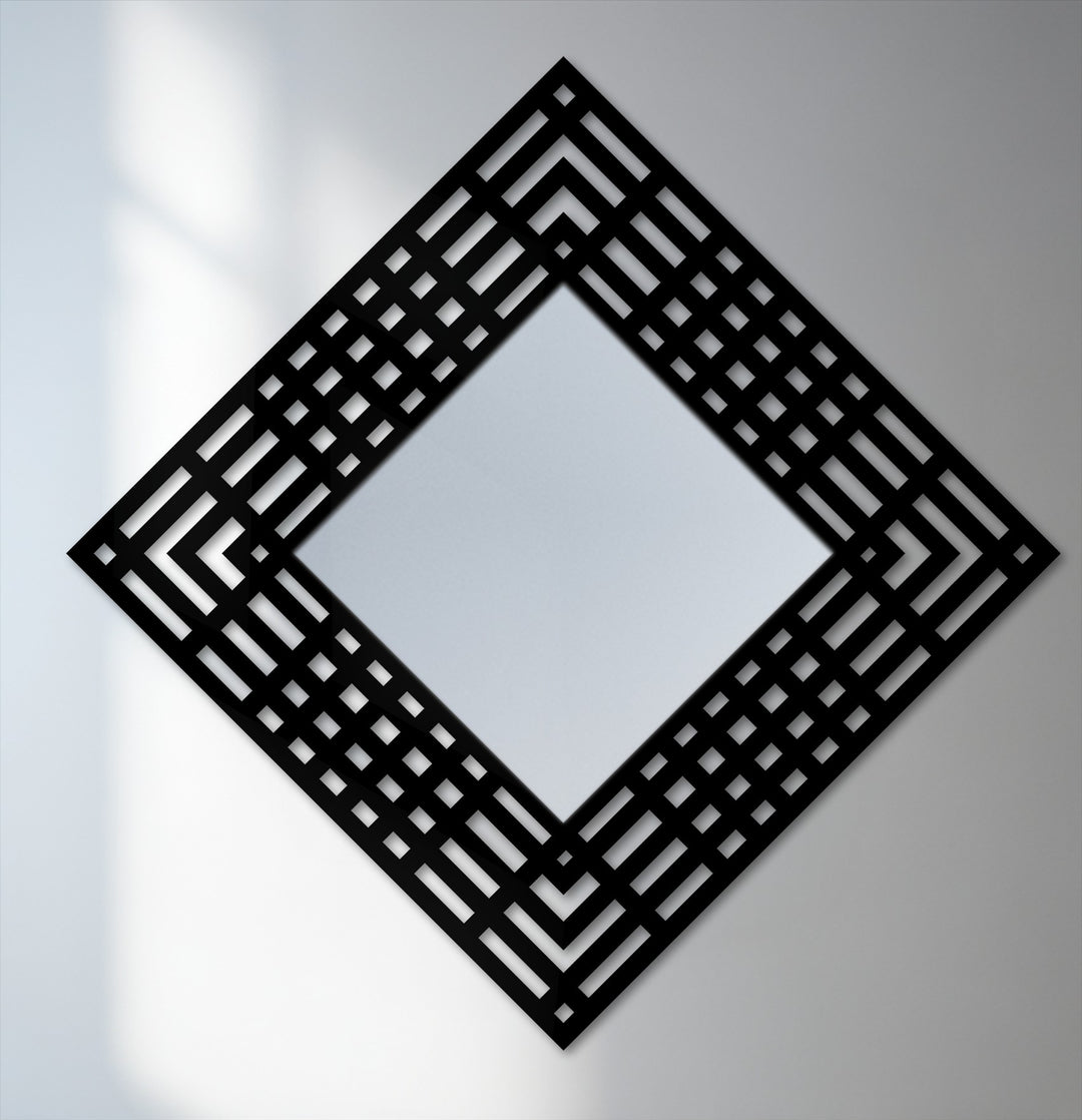 Soft light gleams gently from the glass surface of this geometric layered grid diamond frame floor modern mirror, offering a minimalist aesthetic.