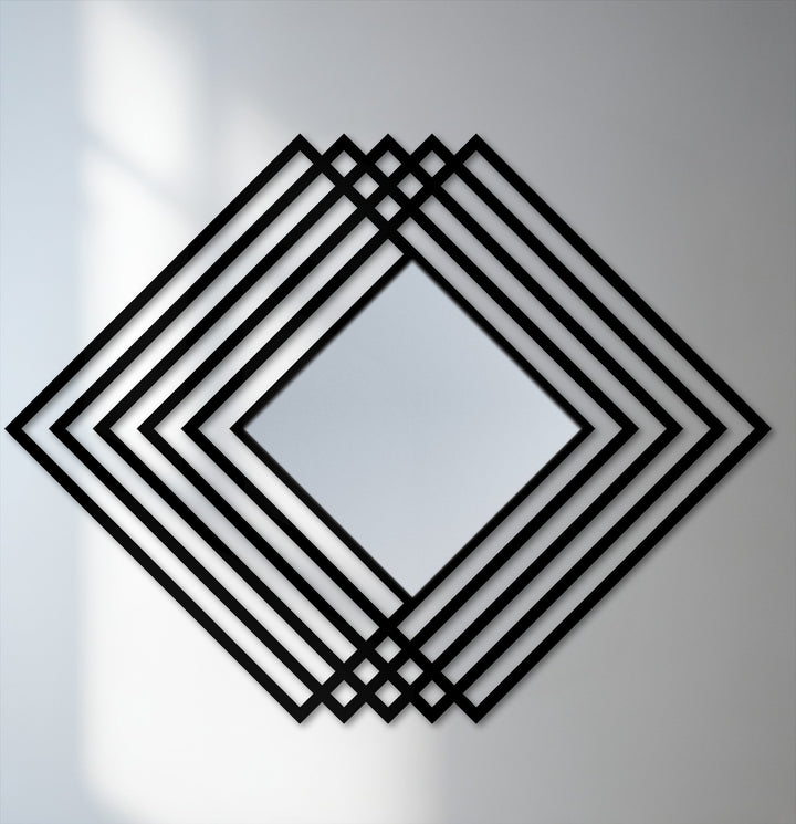 With cool color temperatures, this modern geometric metal floor mirror showcases a layered diamond frame design, reflecting its stark and contemporary appeal as decorative metal art.