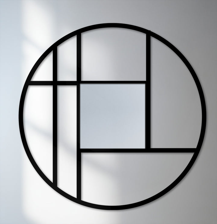 Black dominates the geometric circle frame floor mirror, a striking metal artwork piece with a modern design.