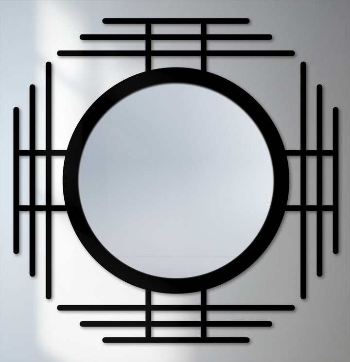 Featuring moderate color saturation, this geometric line circle floor mirror with bold black metal bars exemplifies the essence of modern wall mirrors.