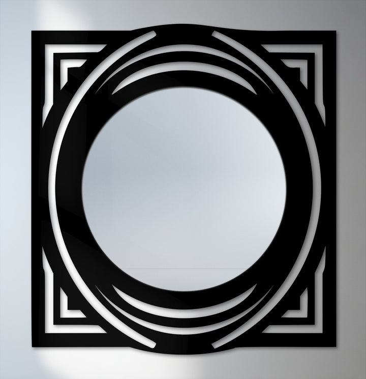 Highlighting the abstract quality, the Orbit Crest floor mirror presents a geometric interplay of layered circles within a square black metal frame, creating unique metal wall art.