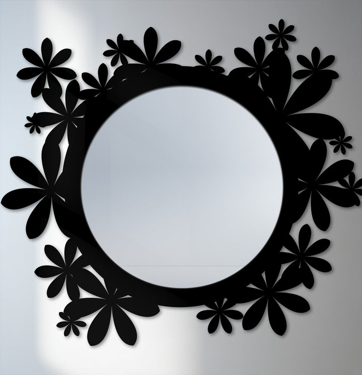 Curving floral petals compose the bloom halo’s abstract organic forms, framing this metal wall decor mirror with a touch of nature-inspired modern style.