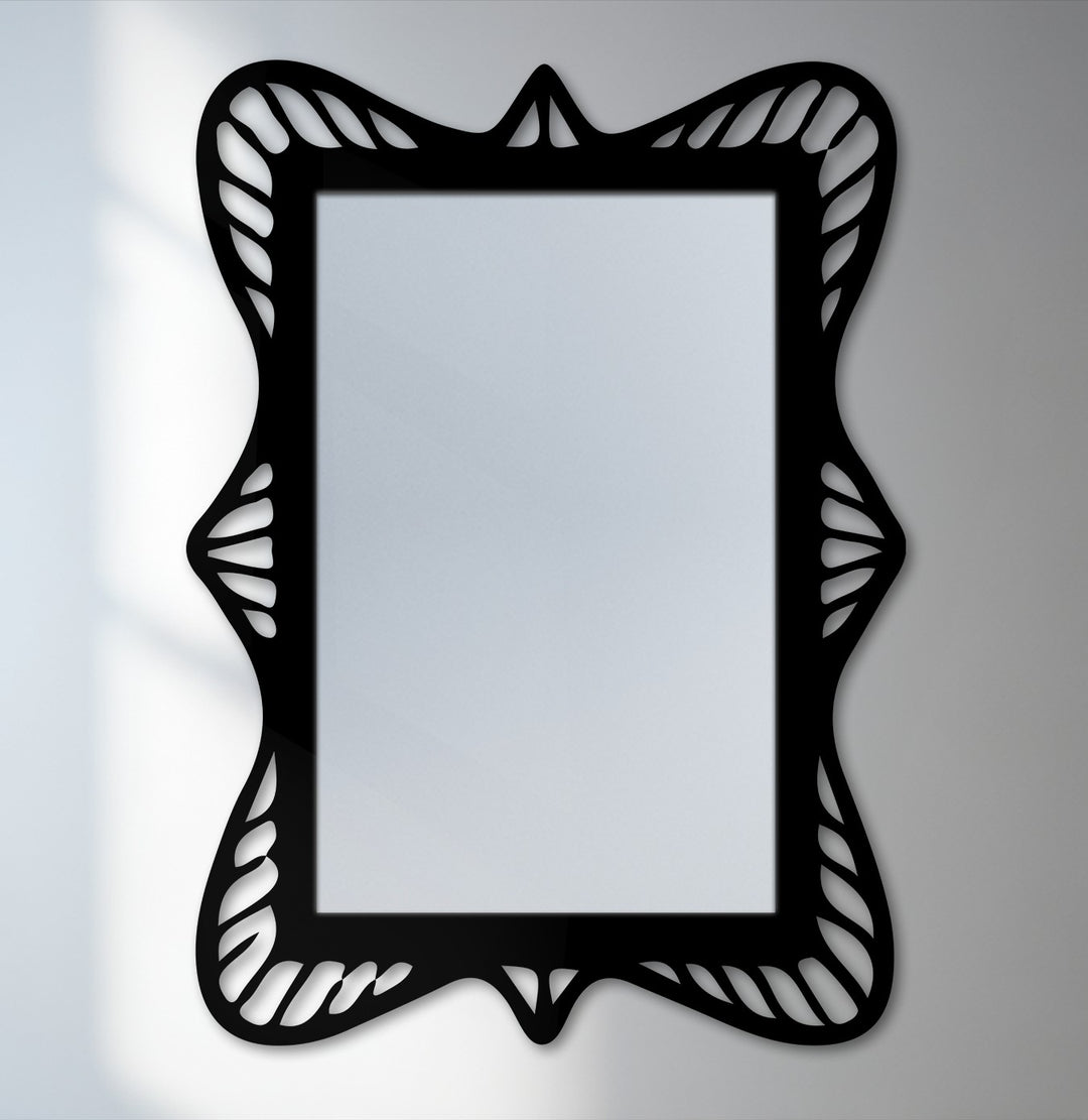 Crafted with durable metal, this ornate wave frame decoration wall art mirror features a sculpted black rectangular design, offering high-quality material.
