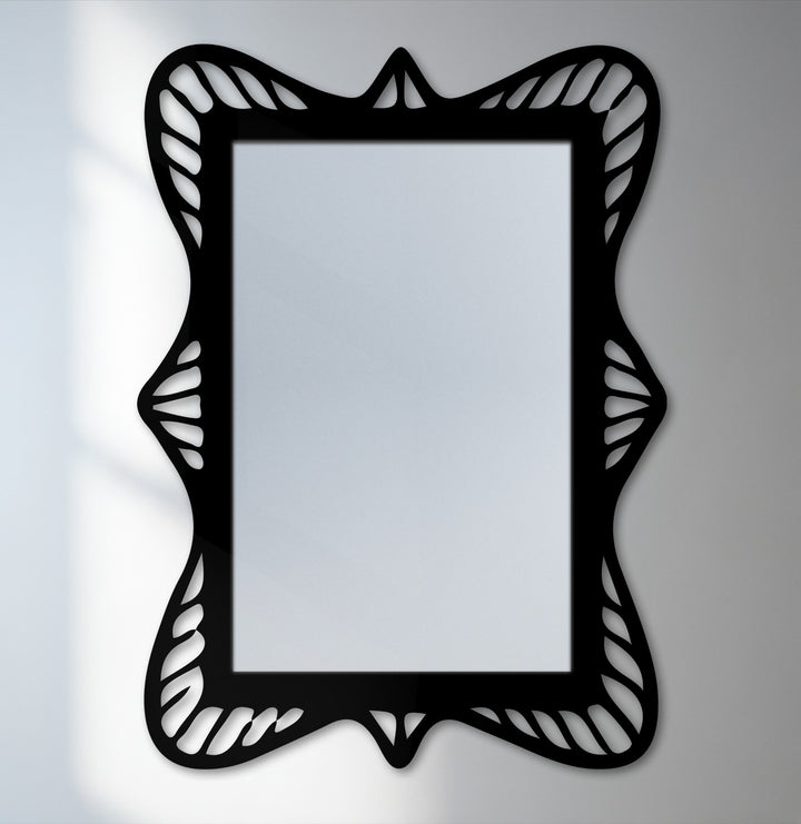 Crafted with durable metal, this ornate wave frame decoration wall art mirror features a sculpted black rectangular design, offering high-quality material.